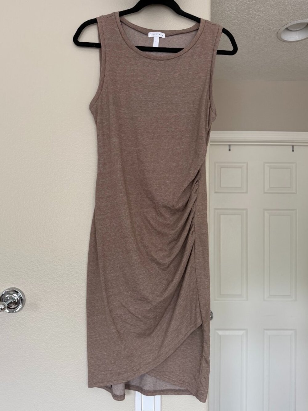 Leith Sleeveless Ruched Asymmetrical Mini Dress - Taupe